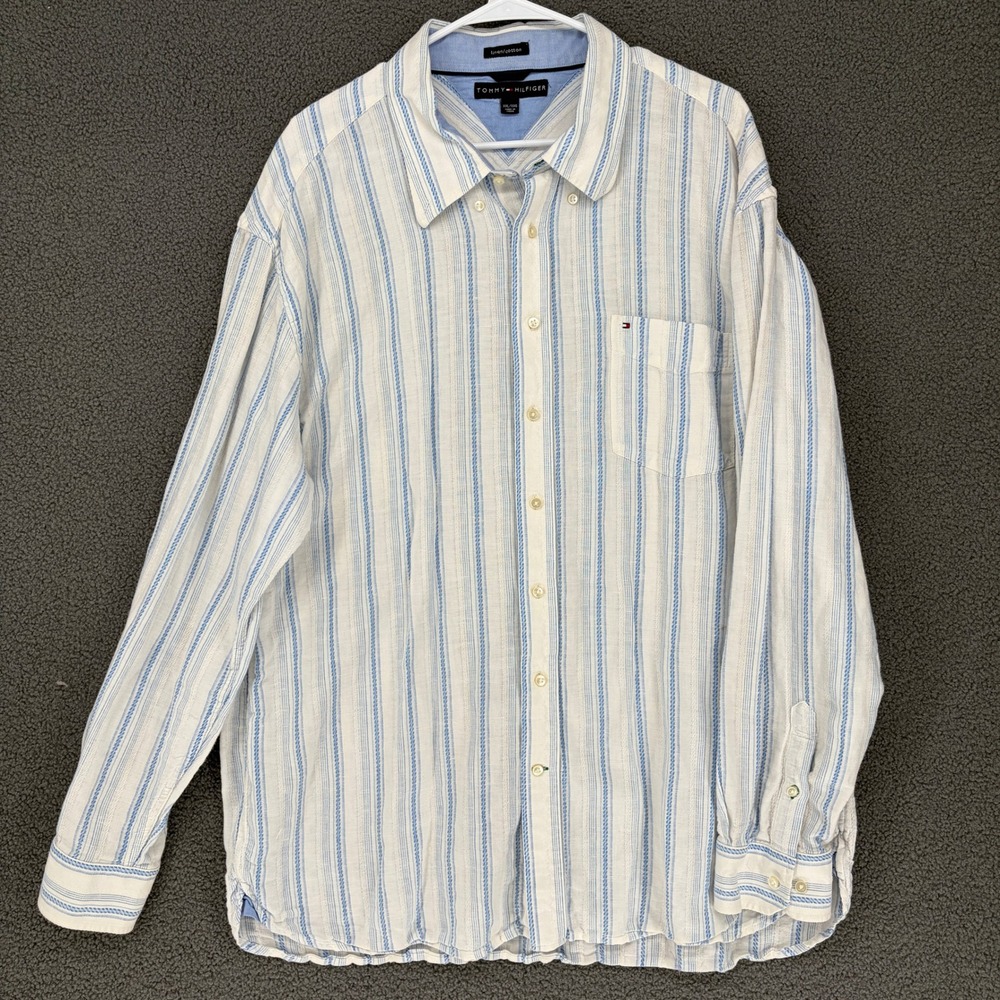 Tommy Hilfiger Mens XXL Blue White Striped Linen Cotton Button Down Shirt